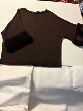 Chico's Dark Brown Pullover Sweater with Faux Fur Cuffs